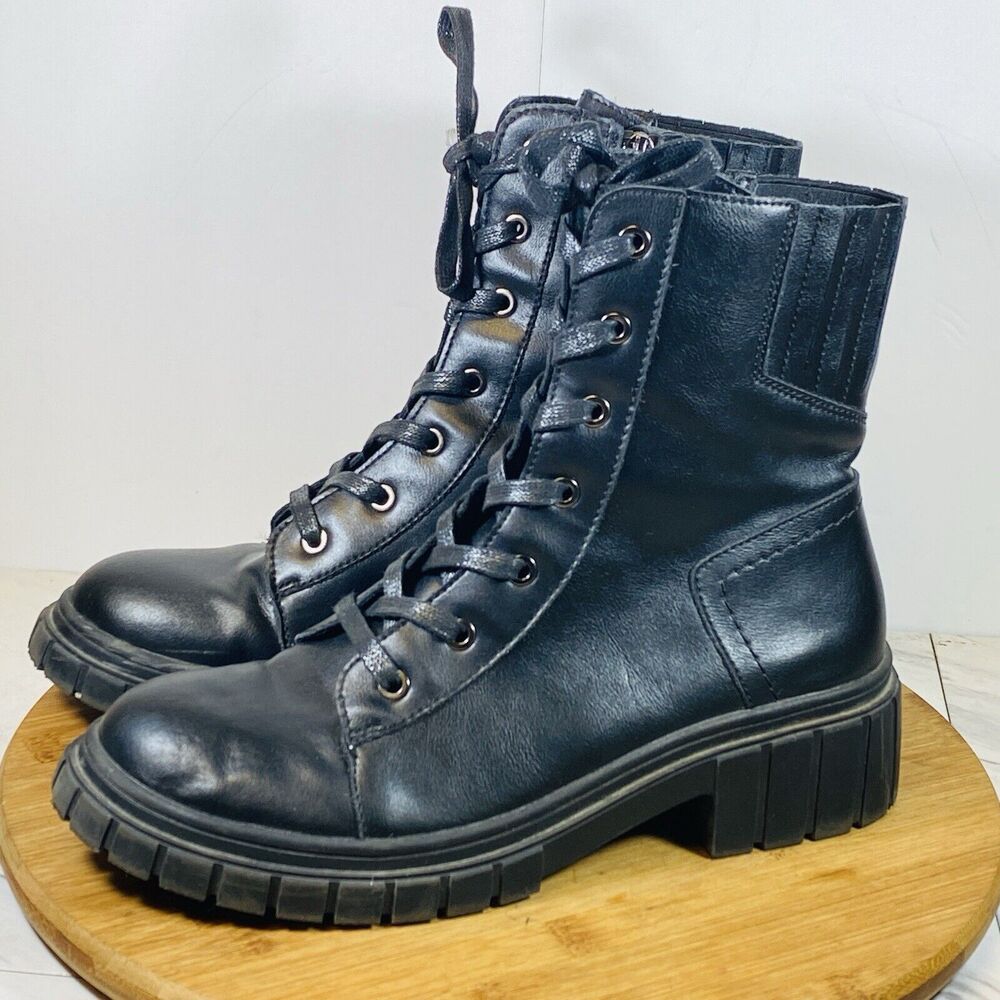 AQUA COLLEGE Womens Black Lace Up Perel Round Toe Block Heel Combat Boots 9.5M